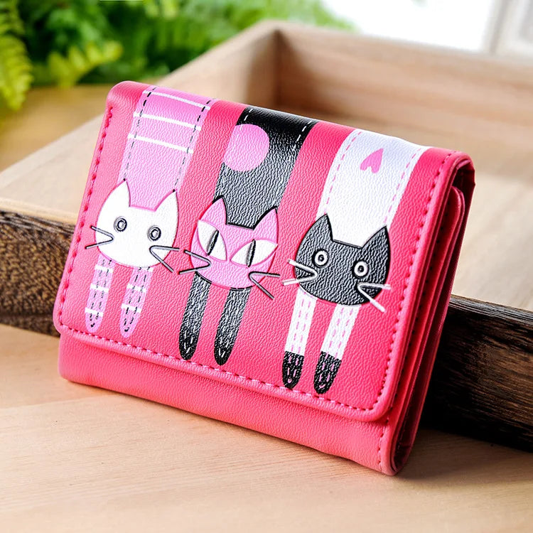 Cat Cartoon Wallet Short Female Card Holder Clutch PU Leather Coin Purse