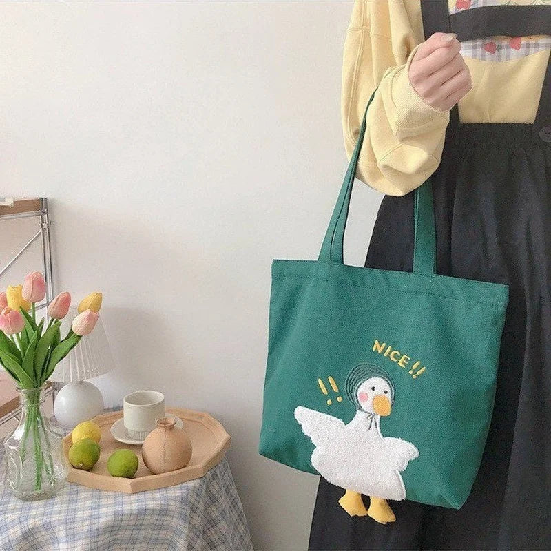 DIGERUI INS Duck Embroidery Canvas Tote Bag Large Shoulder Work Handbag