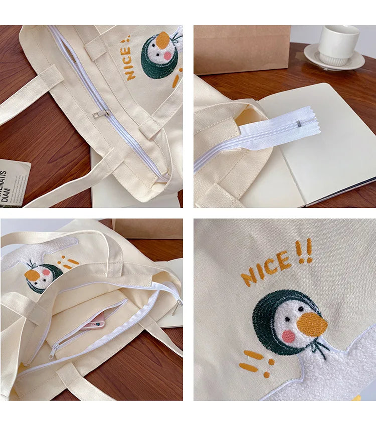 DIGERUI INS Duck Embroidery Canvas Tote Bag Large Shoulder Work Handbag