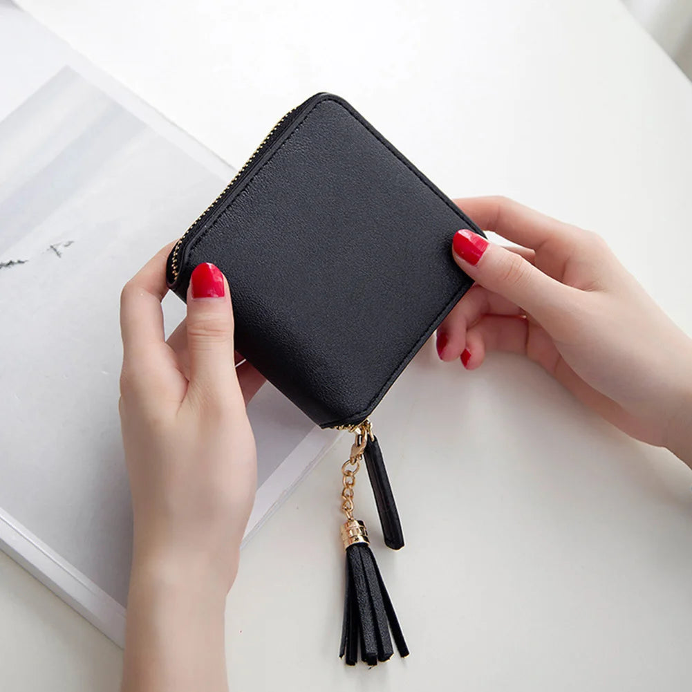 Tassel Drop PU Leather Women Wallet with Zipper Closure