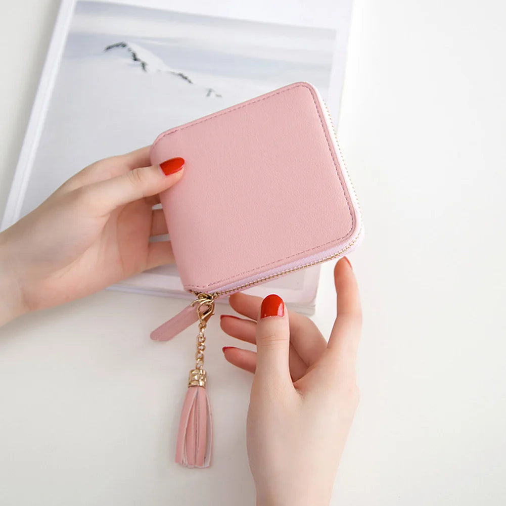 Tassel Drop PU Leather Women Wallet with Zipper Closure