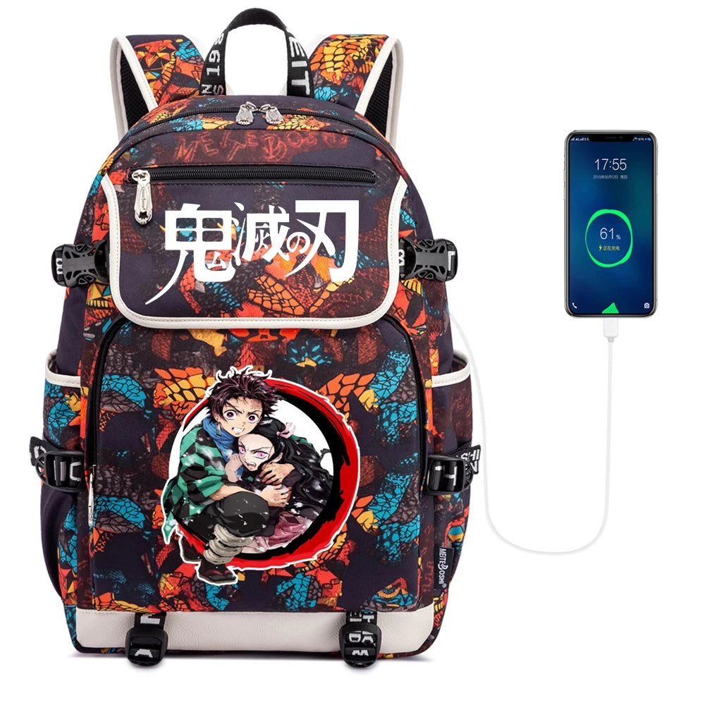 Demon Slayer Kimetsu no Yaiba Backpack USB Charging Knapsack Unisex Packsack