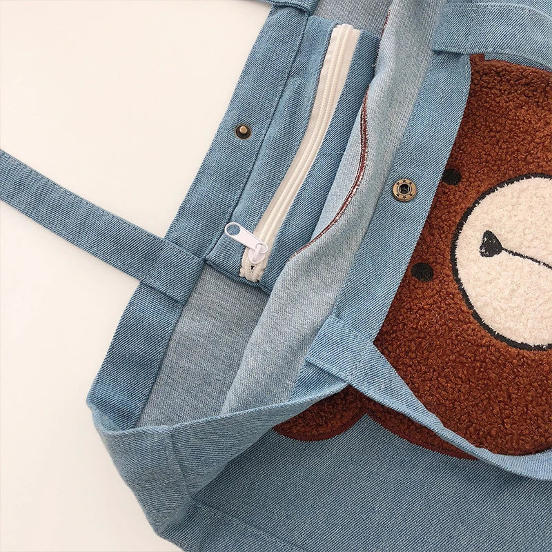 Women's Embroidered Bear Denim Shoulder Bag Large Capacity Casual Handbags