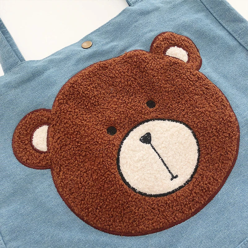Women's Embroidered Bear Denim Shoulder Bag Large Capacity Casual Handbags