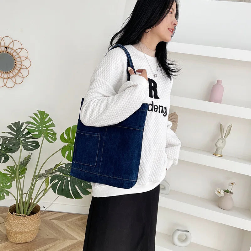 Denim Shoulder Bag Student Class Canvas Handbag Large Capacity
