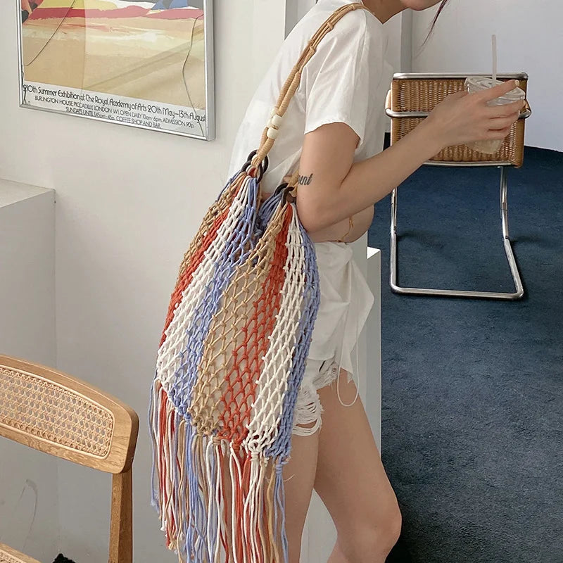 Braided Crochet Net Bag Casual Woven Beach Bucket Tote Handbag