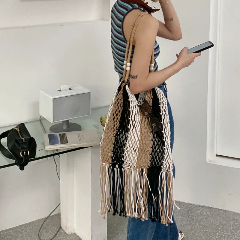 Braided Crochet Net Bag Women Casual Woven Travel Beach Tote Handbag