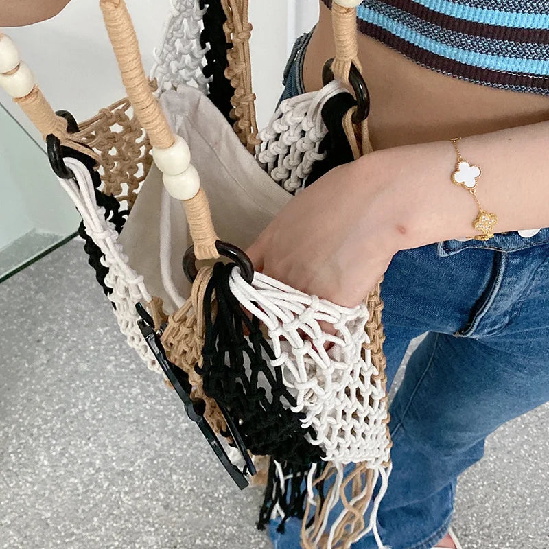 Braided Crochet Net Bag Women Casual Woven Travel Beach Bucket Tote Purse