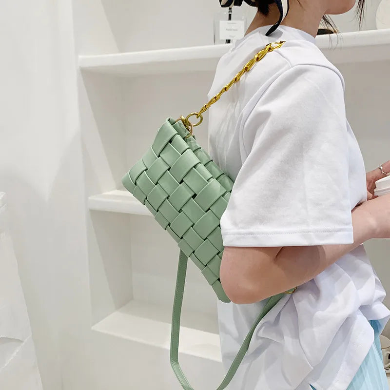 Casual Leather Woven Bag Shoulder Bags Women Chain Crossbody Handle Purses