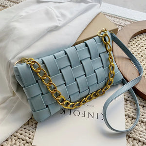 Casual Leather Woven Bag Shoulder Bags Women Chain Crossbody Handle Purses