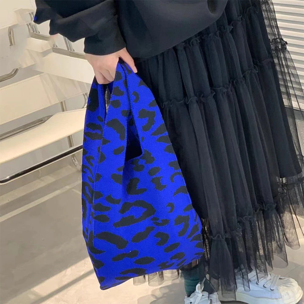 Leopard Crochet Women Handbags Knitting Wrist Bags Shoulder Bag Tote Purse