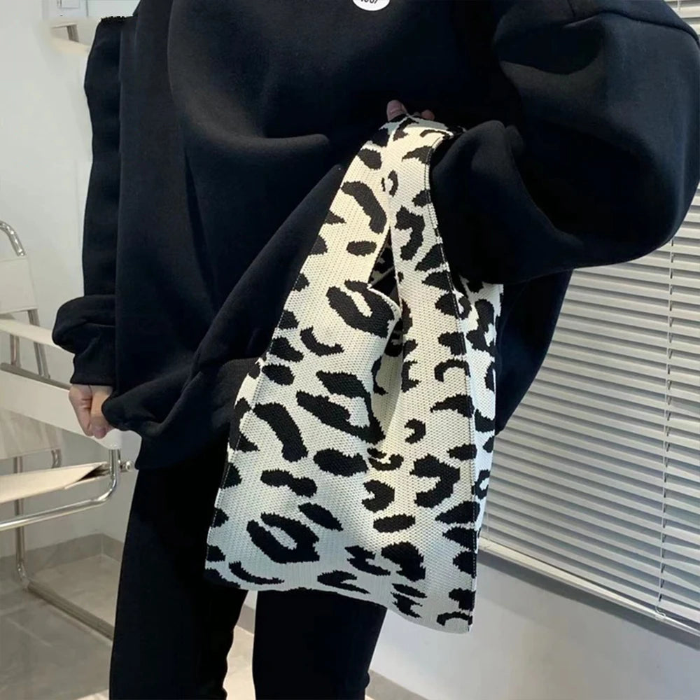 Leopard Crochet Women Handbags Knitting Wrist Bags Shoulder Bag Tote Purse