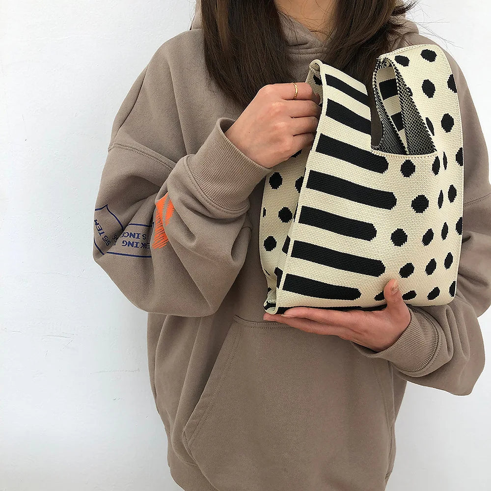 Polka Dot Knitting Shoulder Bag Clutch Purse Handbags Summer Beach Female Tote