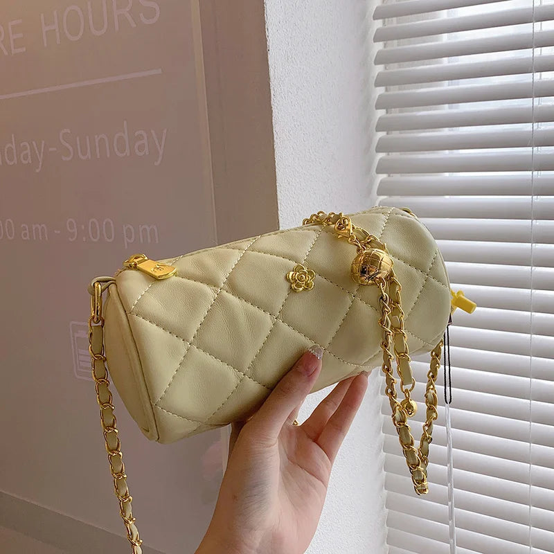 Diamond Lattice Print PU Barrel-shaped Shoulder Bag Hot Pink