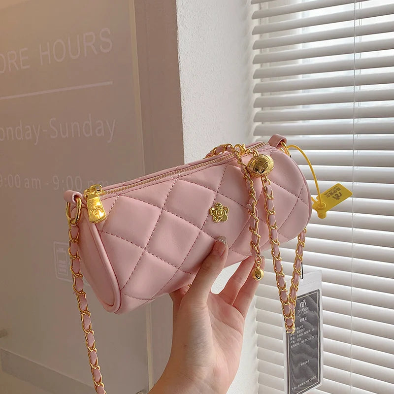 Diamond Lattice Print PU Barrel-shaped Shoulder Bag Hot Pink