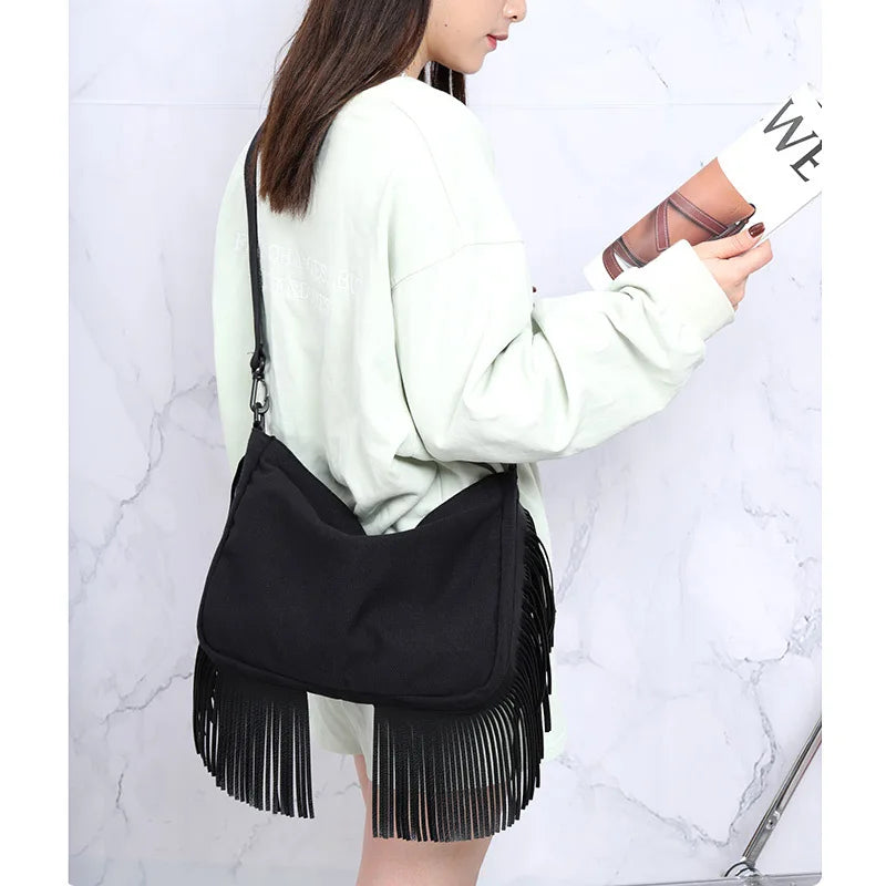 Casual Women Crossbody Bag Tassel Shoulder Messenger Bags Hobo Canvas Bag