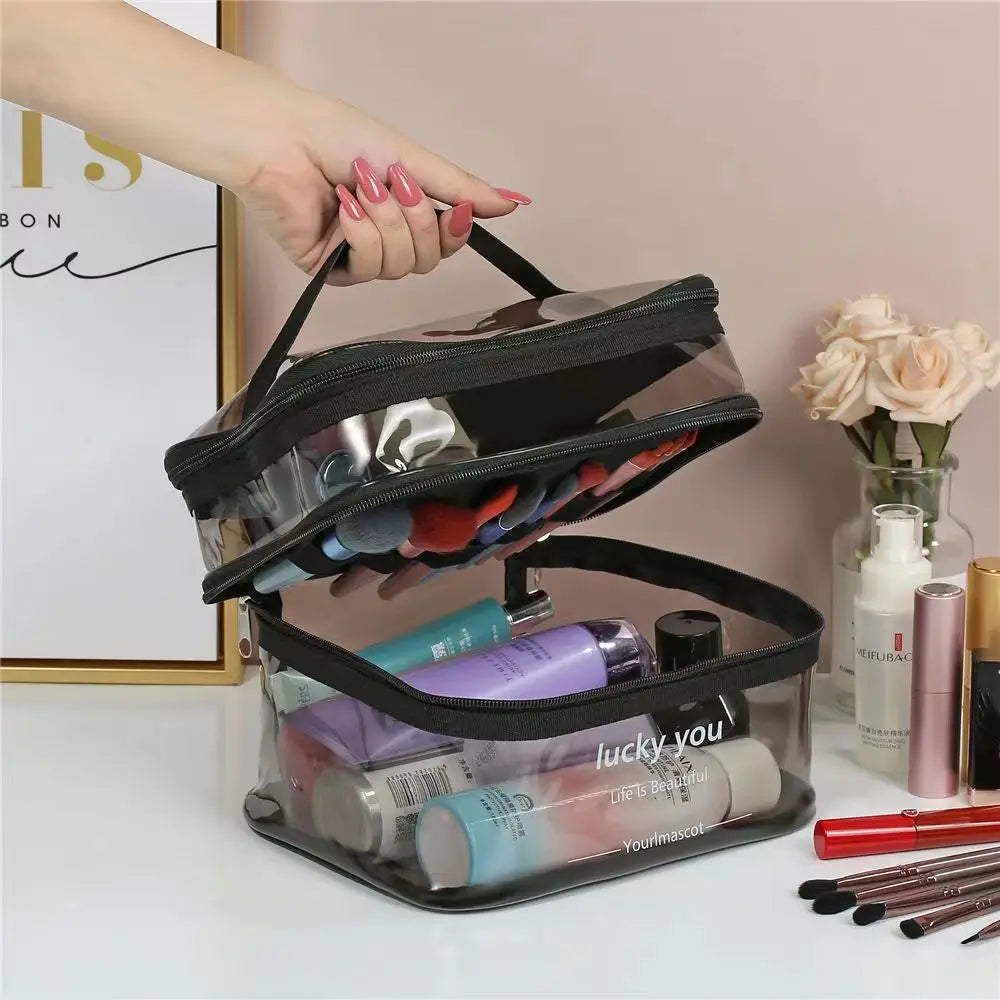 Double Layer Transparent Cosmetic Bag Large Capacity Travel Storage Box