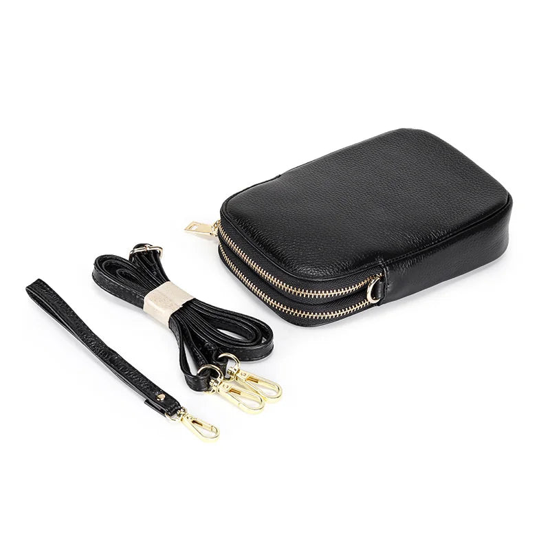 Leather Crossbody Bag Double Zipper Soft Shoulder Purse for Women