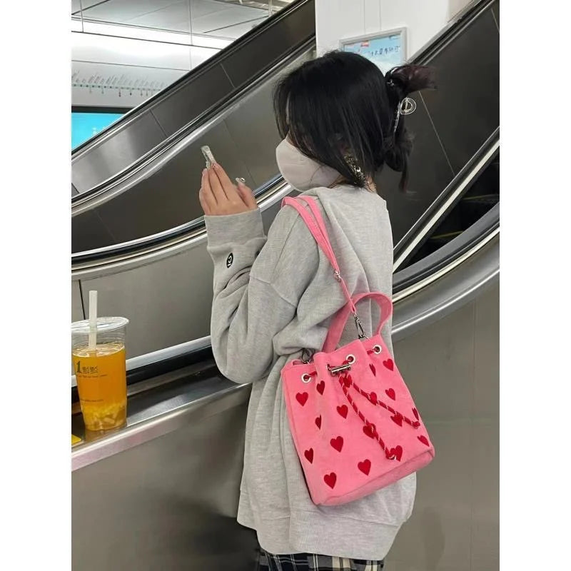 Pink Heart Embroidered Small Shoulder Bag Women Messenger Purse Handbags