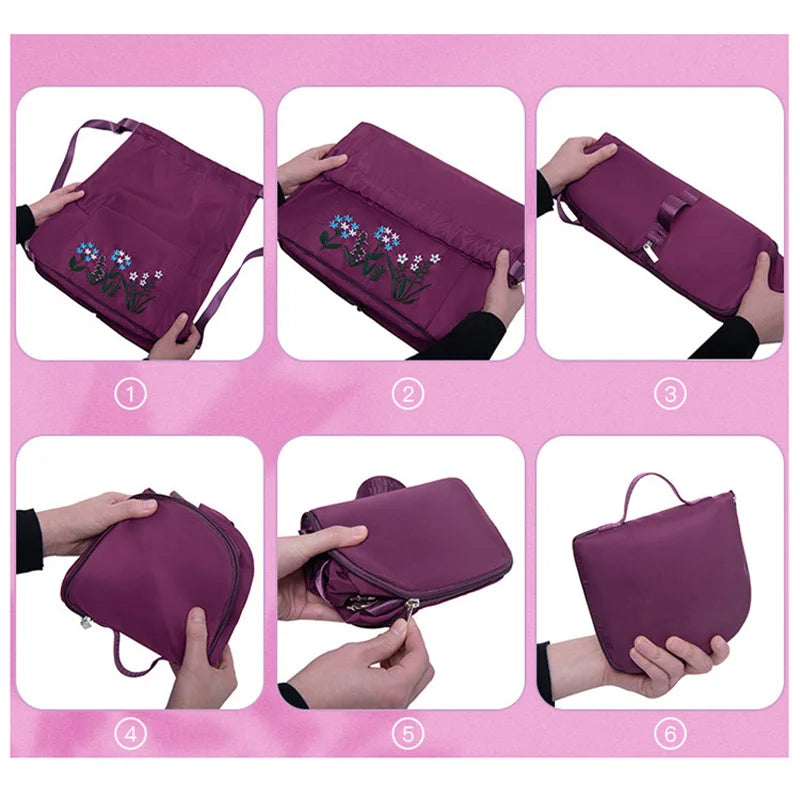 Embroidery Drawstring Women Backpack Foldable Large Capacity School Bag