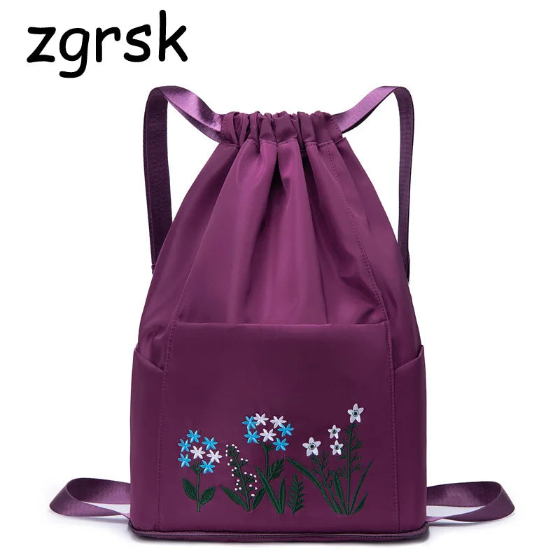 Embroidery Drawstring Women Backpack Foldable Large Capacity School Bag