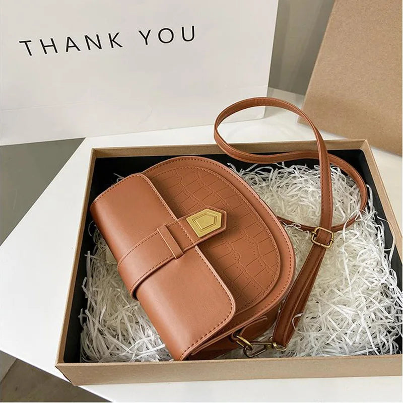 Solid Crossbody Bags Stone Pattern Handbags PU Leather Saddle Bags