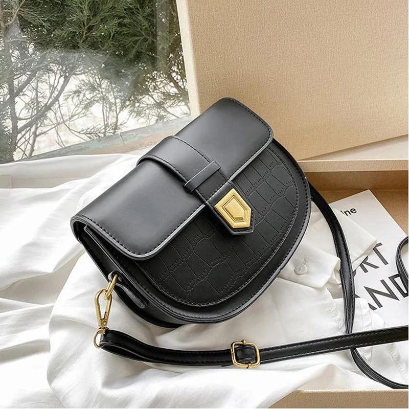 Solid Crossbody Bags Stone Pattern Handbags PU Leather Saddle Bags