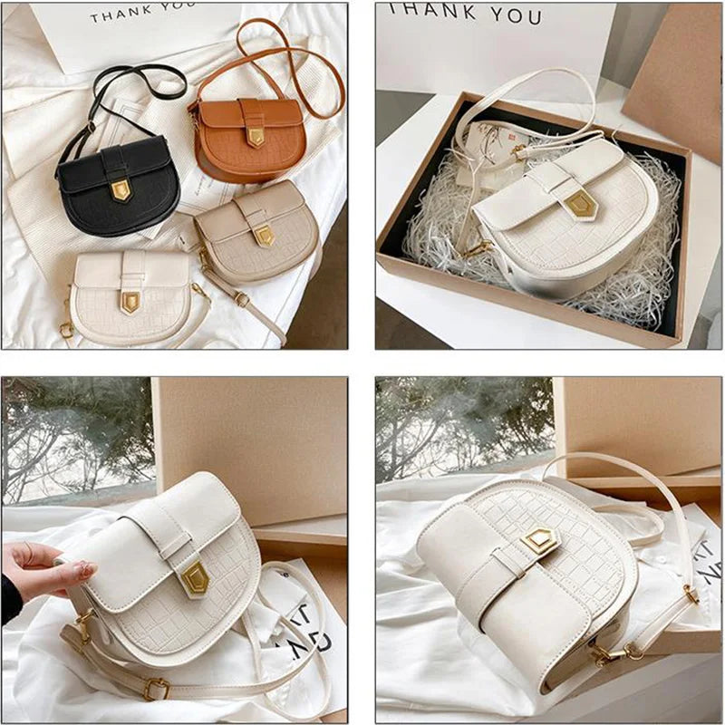 Solid Crossbody Bags Stone Pattern Handbags PU Leather Saddle Bags
