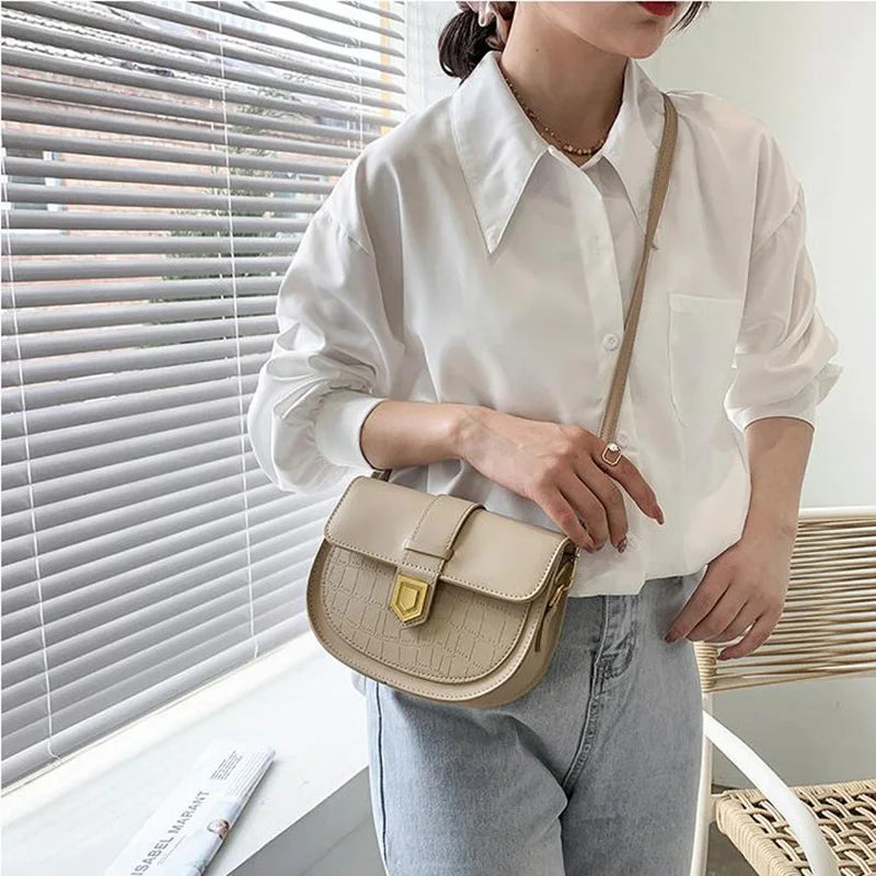Solid Crossbody Bags Stone Pattern Handbags PU Leather Saddle Bags