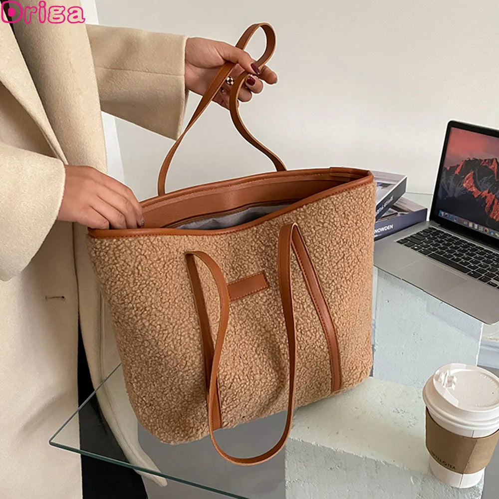 Textured Lamb Hair Tote Shoulder Bags Women Handbag