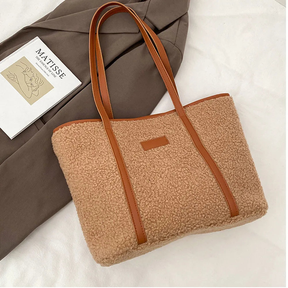 Textured Lamb Hair Tote Shoulder Bags Women Handbag