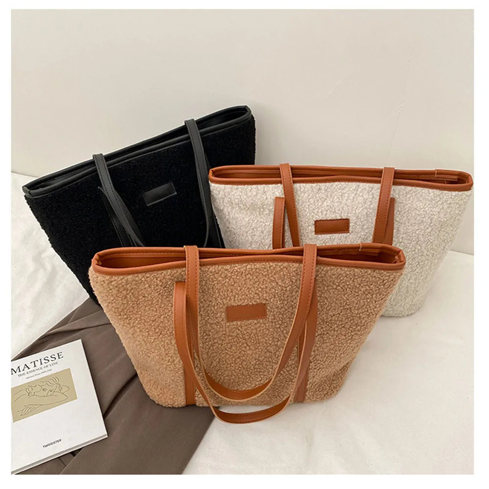 Textured Lamb Hair Tote Shoulder Bags Women Handbag