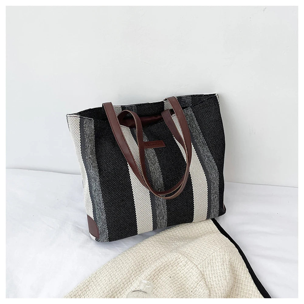 Large-capacity Women Shoulder Bags Vertical Stripes Casual Tote Handbags