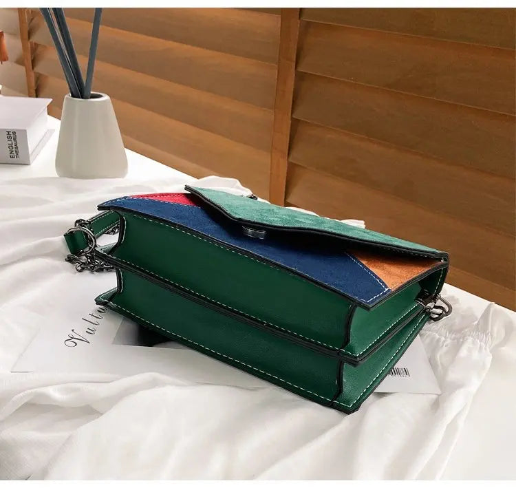 Retro Matte Patchwork Crossbody Bag Chain Strap Shoulder Lady Small Flap Bag