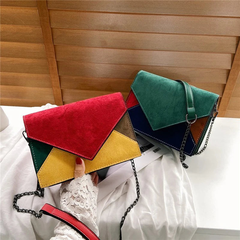 Retro Matte Patchwork Crossbody Bag Chain Strap Shoulder Lady Small Flap Bag