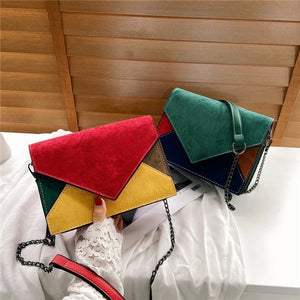 Retro Matte Patchwork Crossbody Bag Chain Strap Shoulder Lady Small Flap Bag