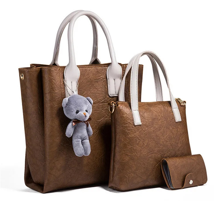 Women Leather 3 Piece Shoulder Crossbody Bag Clutch Wallet Retro Bag Set