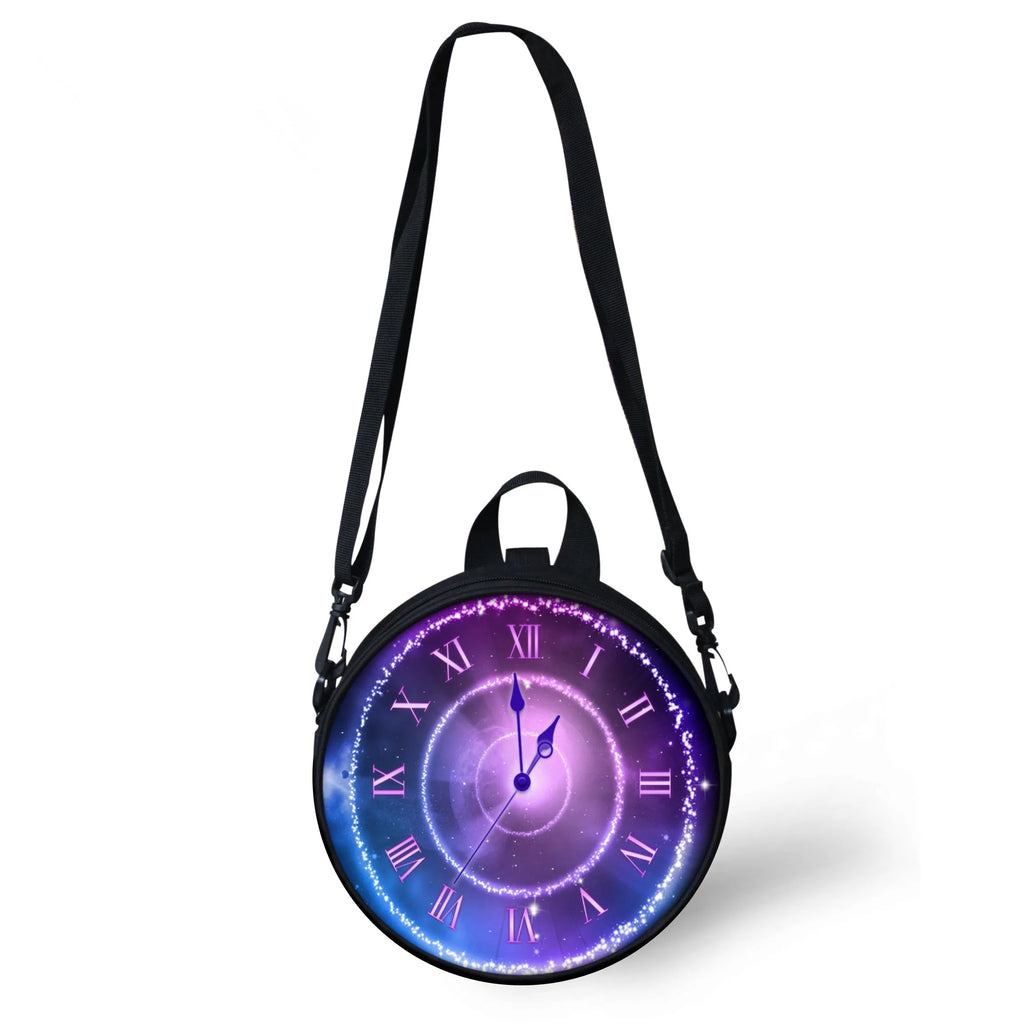 Clock Print Round Crossbody Bag Galaxy Women Shoulder Bag Circle Pack Purse