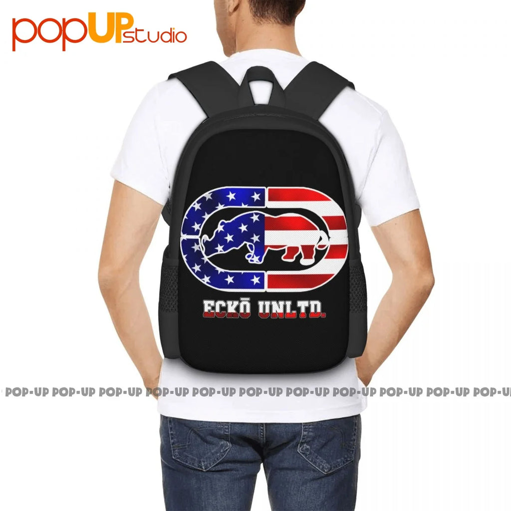 Ecko_Unltd Reflective Silver Outlined Flag Backpack Large Capacity