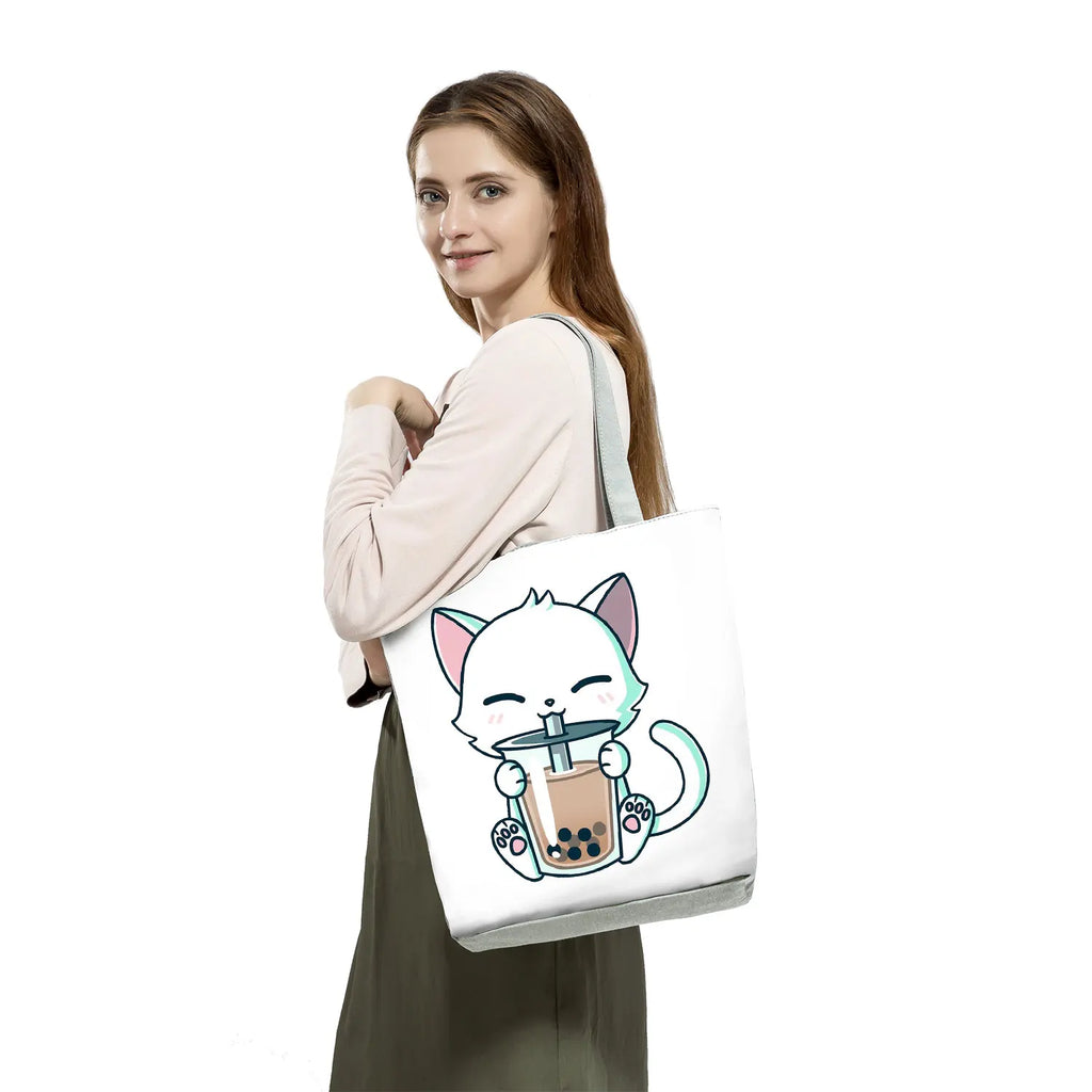 Cartoon Milk Tea Print Tote Bag Eco Friendly Shopping Beach Travel Shoulder Bag
