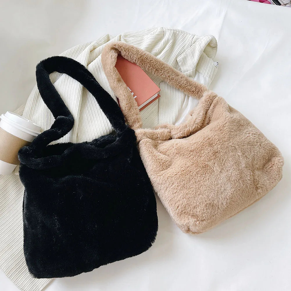 Love Pattern Plush Tote Handbag Large Capacity Shoulder Bag