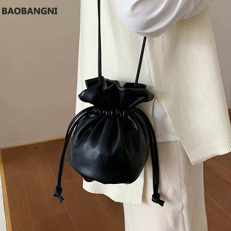 Female Drawstring Mini Bucket Bag High Leather Women's Handbag