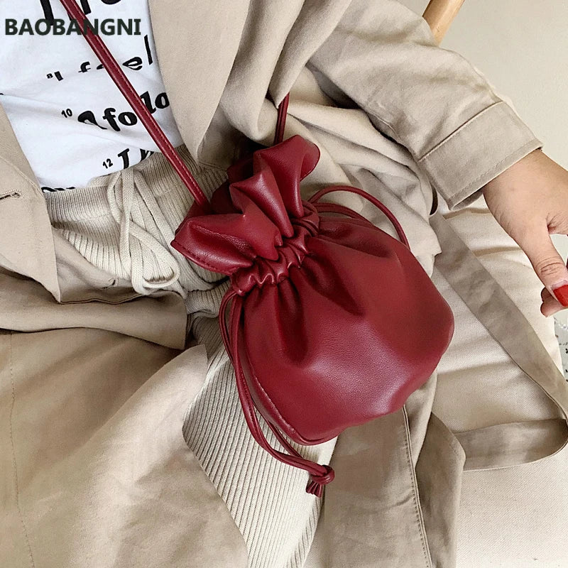Female Drawstring Mini Bucket Bag High Leather Women's Handbag