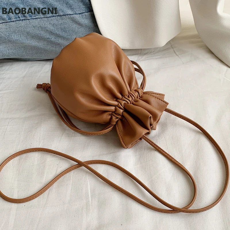 Female Drawstring Mini Bucket Bag High Leather Women's Handbag