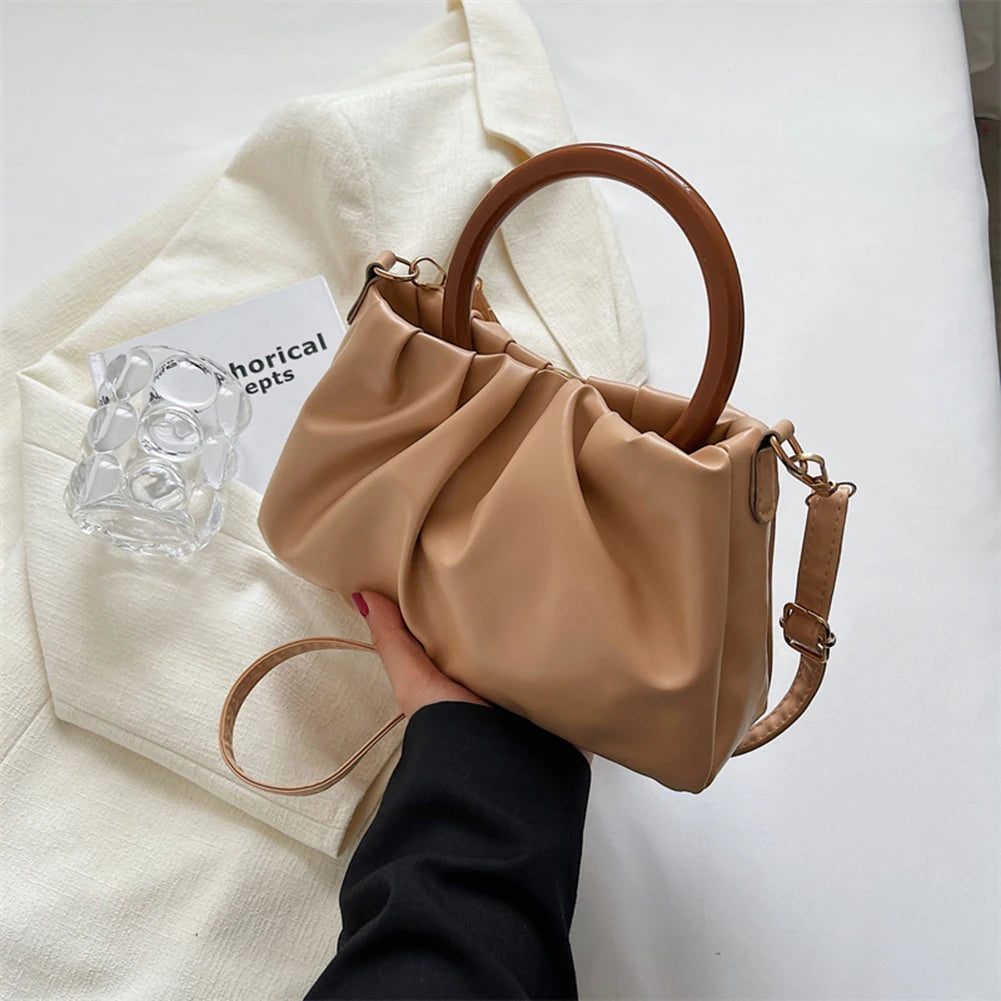 Pleated Cloud Bag with Wood Handle for Women