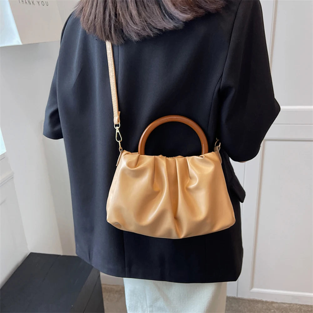 Pleated Cloud Bag with Wood Handle for Women