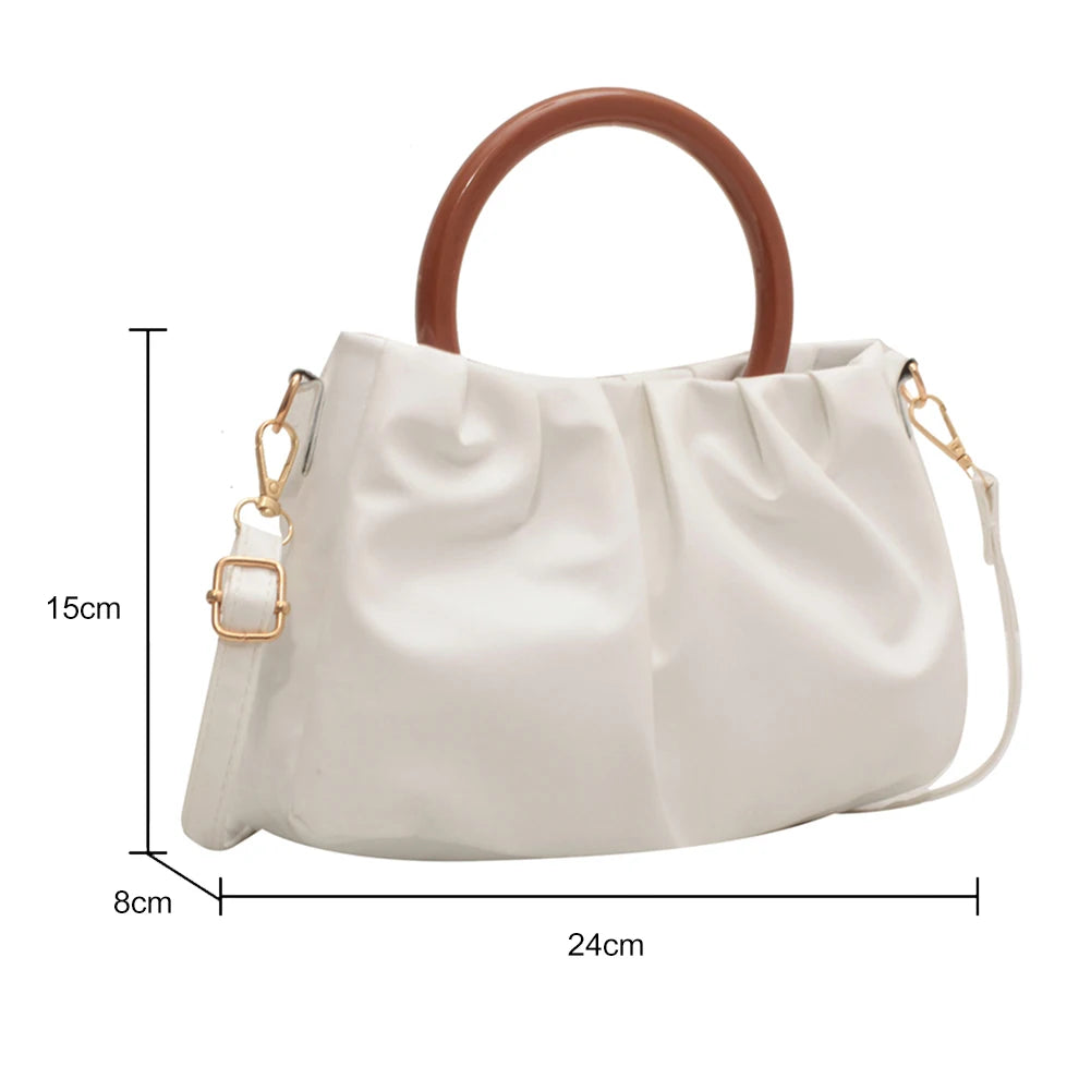 Pleated Cloud Bag with Wood Handle for Women