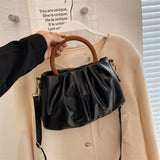 Pleated Cloud Bag with Wood Handle for Women