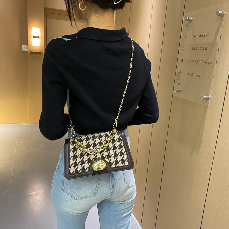 Plaid Crossbody Handbag Totes High PU Leather Chain Shoulder Messenger Bag
