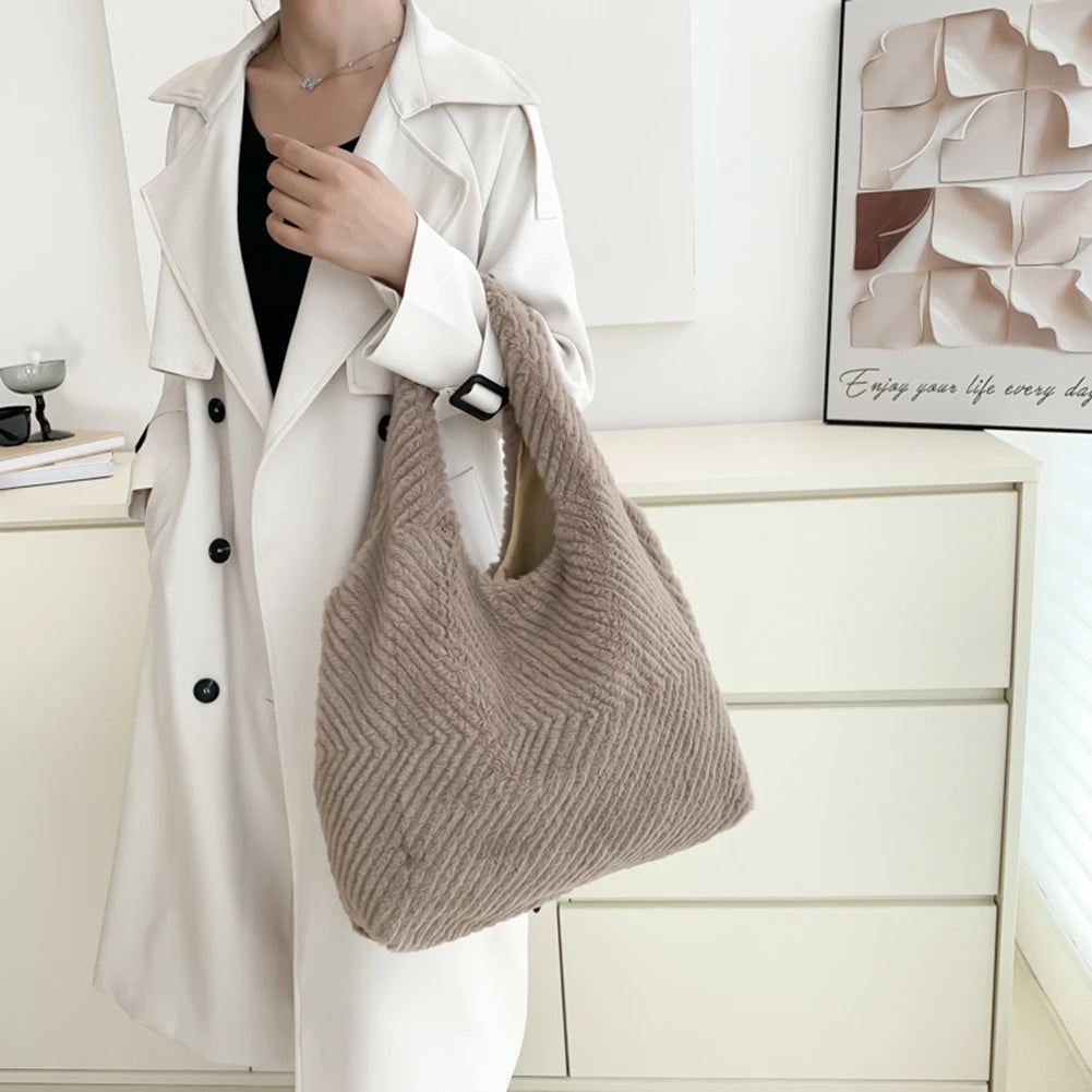 Red Plush Shoulder Bag Women Casual Handbag Tote Bag